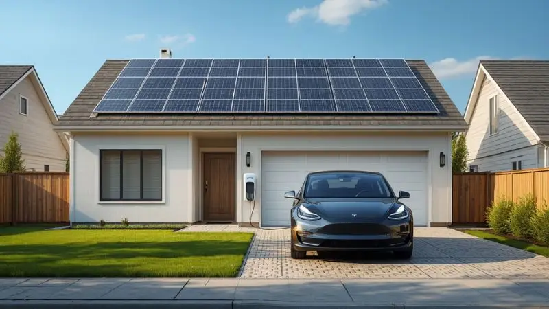 A residential home with a solar powered electric vehicle charging setup in the driveway.