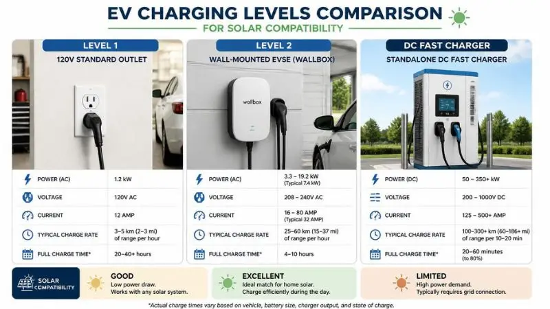 Technical comparison of Level 1, Level 2, and DC fast chargers to determine solar powered electric vehicle charging compatibility.