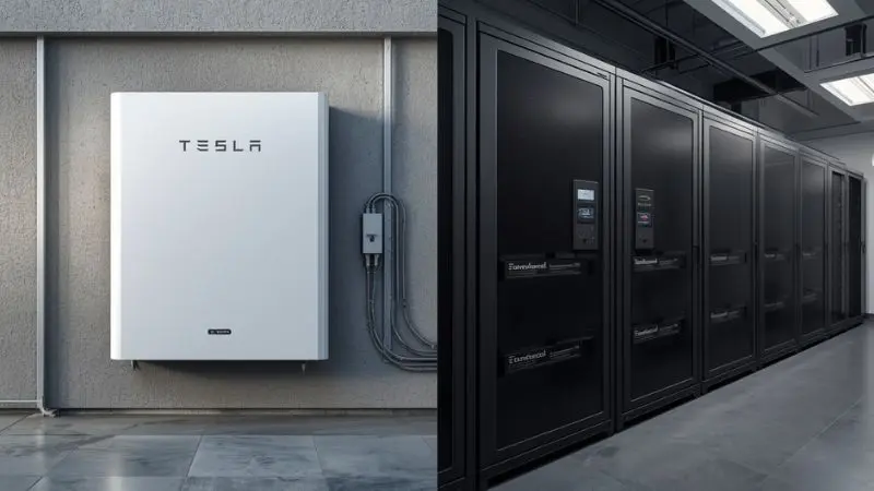 Side-by-side comparison of a large battery vs server rack batteries for solar energy storage in a home installation.