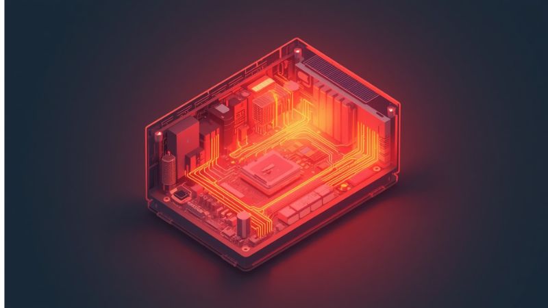 Thermal heat map conceptual illustration showing an overheating internal MPPT charge controller inside a solar generator.