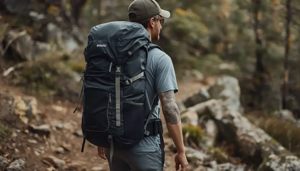 Hiker wearing the Bluetti HandsFree 2 backpack on a trail