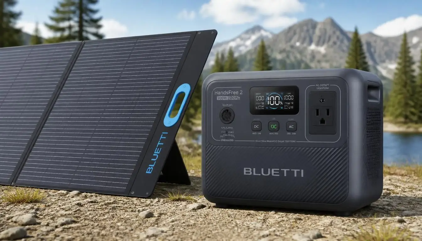 Bluetti HandsFree 2 power station charging via solar panel outdoors